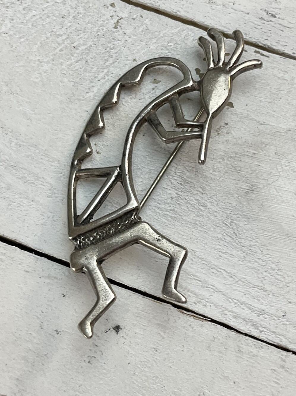 Navajo Tia Long Signed Kokopelli Native American Sterling Silver 2.5” Brooch Pin